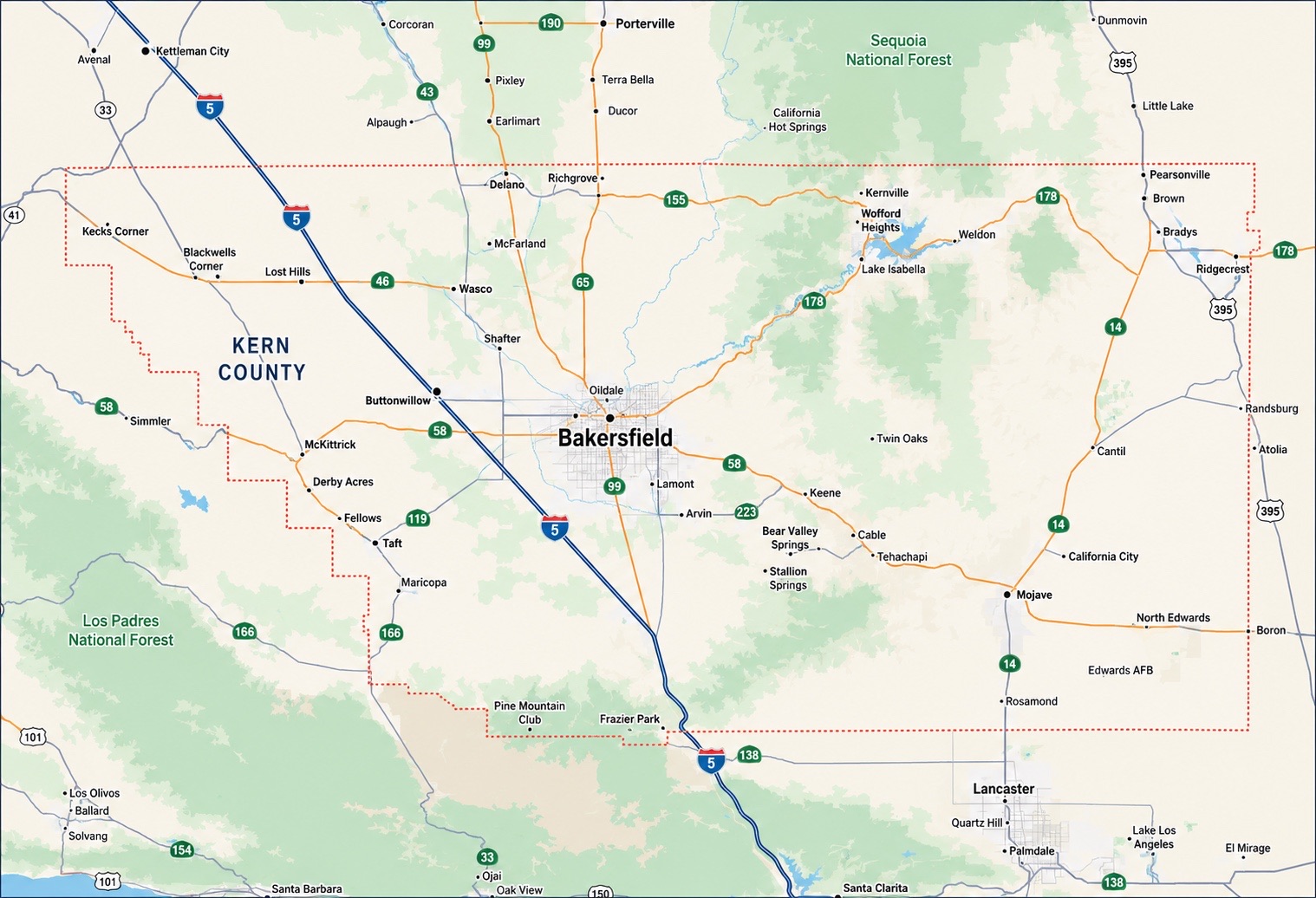 Kern County service area map: Bakersfield and surrounding towns